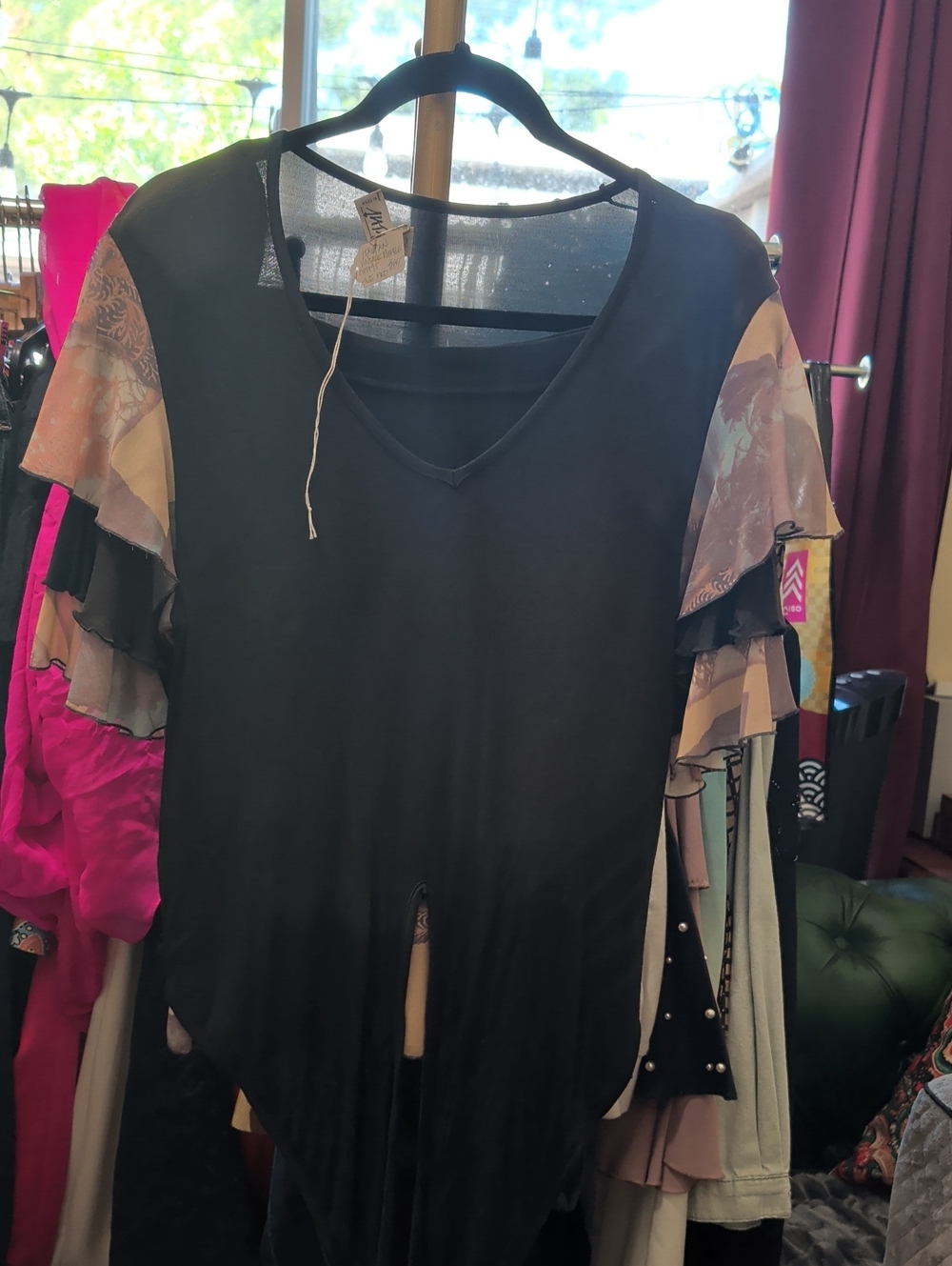 WHIT Black V-Neck Tunic with Floral Tiered Sleeve Panels
